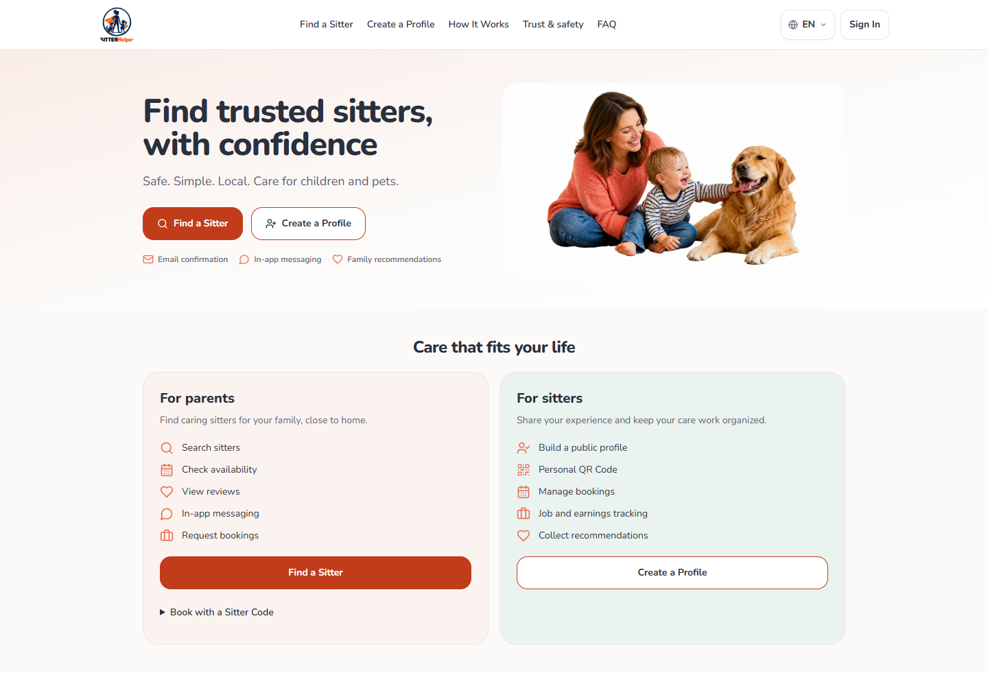 SitterHelper website screenshot